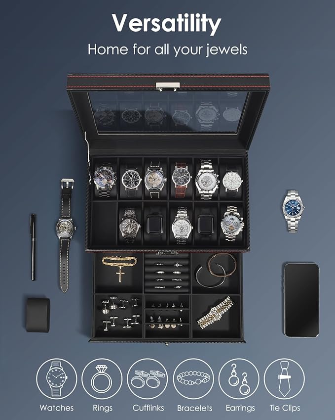 Watch Box Jewelry Organizer, 12-Slot 2-Layer Watch Case Storage with Large Glass Lid, Watch Storage Case for Men with Lock, Watch Holder Display Case, Gift for Men Women