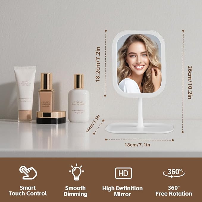 Touch-Sensitive Controls Vanity mirrorr, Makeup Mirror with LED Light, 2400mAh Rechargeable, 270-degree Rotation Adjustment,Beauty Vanity Mirror with Lights， Portable Travel, White, 3 Light Color