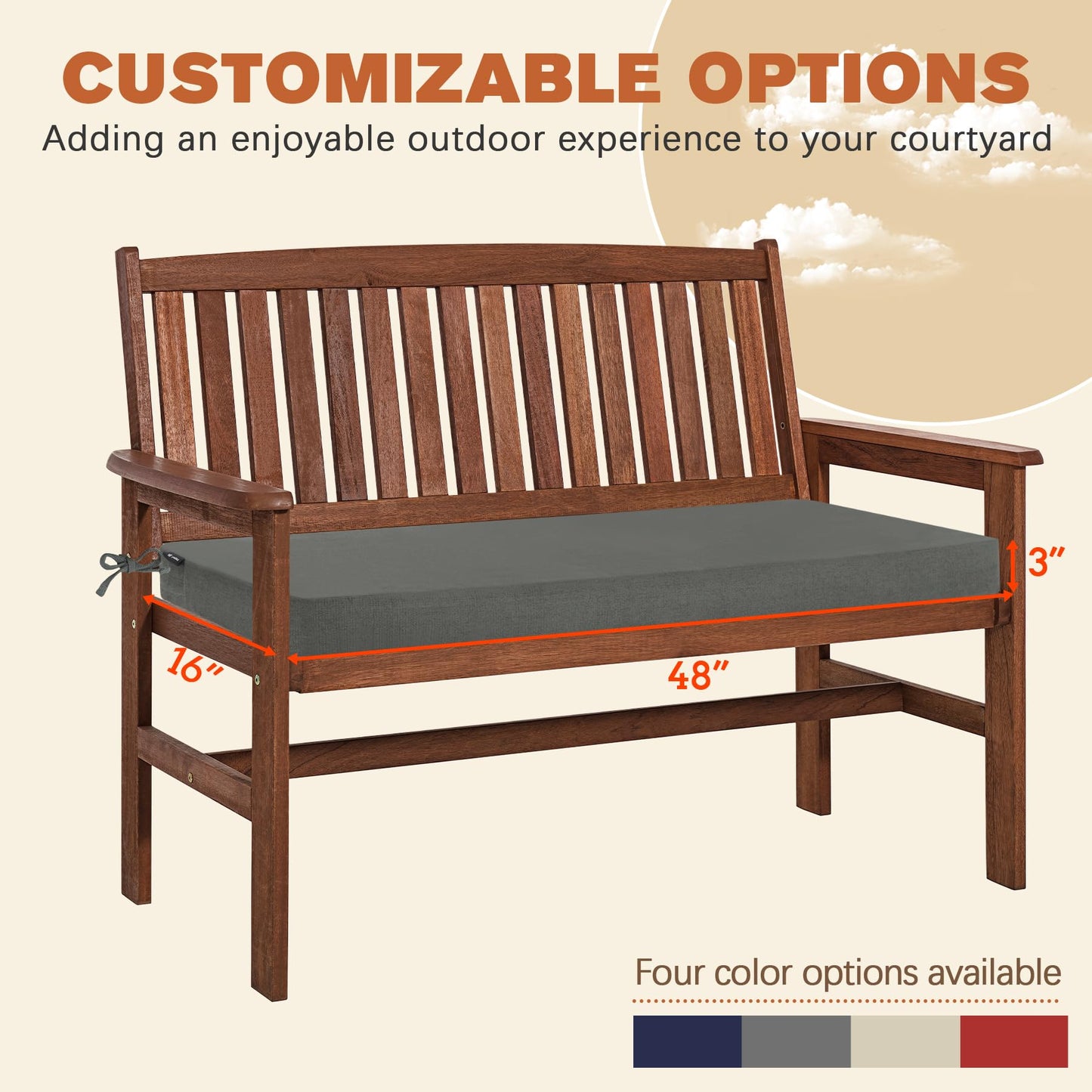 Favoyard Outdoor Bench Cushion 48 x 16 Inch Rainproof Patio Furniture Cushions 3-Year Color Fastness Garden Settee Porch Pads with Ties, Dark Gray