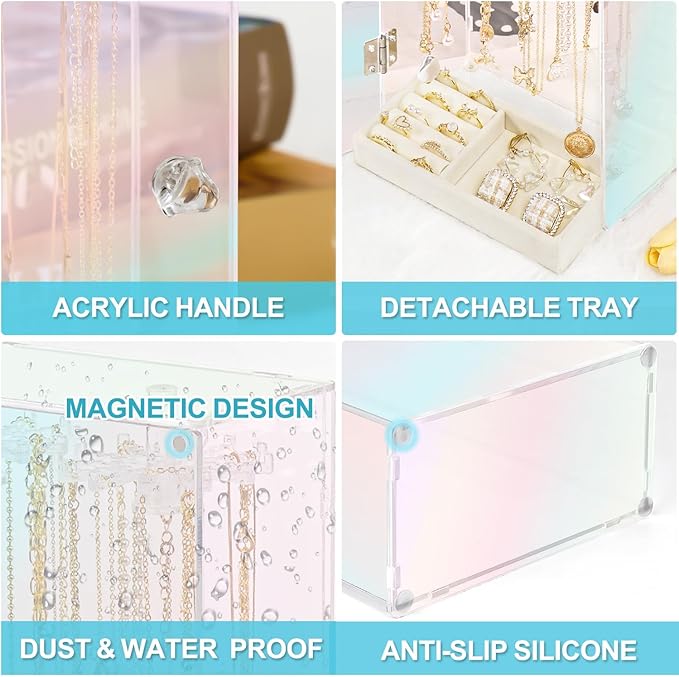 Cirhy Iridescent Acrylic Necklace Holder, Necklace Organizer with 24 Rotatable Hooks, Rainbow Jewelry Organizer Display Box with Velvet Tray for Long Necklaces Pendant Bracelets Rings Earrings