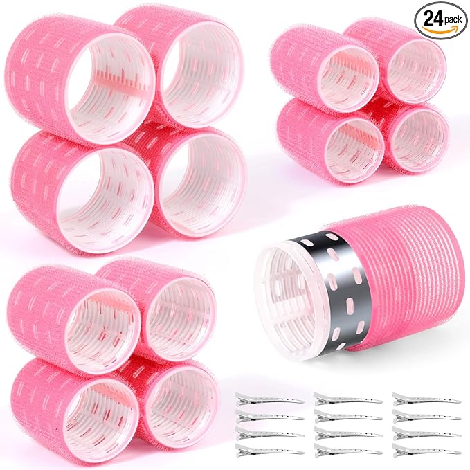 Thermal Jumbo Rollers Hair Curlers Set with Clips - 24 Large Self-Grip Rollers for Volume and Curls on Long, Medium, Short Hair (63mm, 48mm, 36mm)
