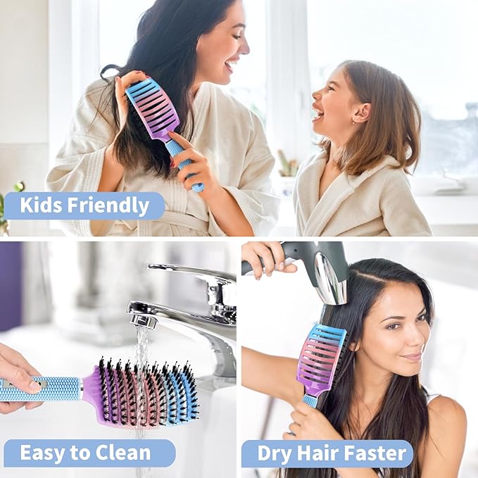 Boar Bristle Hair Brush Set of 2, HIPPIH Wet & Dry Hair Brushes Made by Fine Natural Boar Hair Can Adds Shine and Smoothing, Detangling Hairbrush for Women, Men & Kids' Long Curly Thick Hair