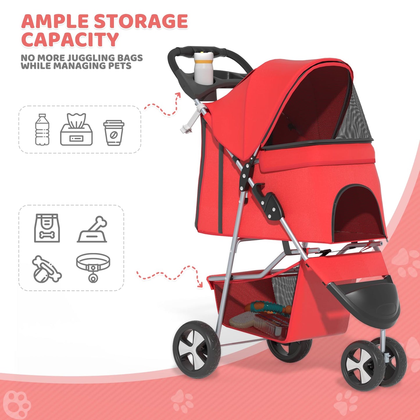 Magshion 3-Wheel Pet Stroller, Foldable Travel Jogger for Small & Medium Dogs & Cats (Up to 33lbs), Lightweight Carrier with Breathable Mesh Cover, Cup Holder & Storage Basket, Red