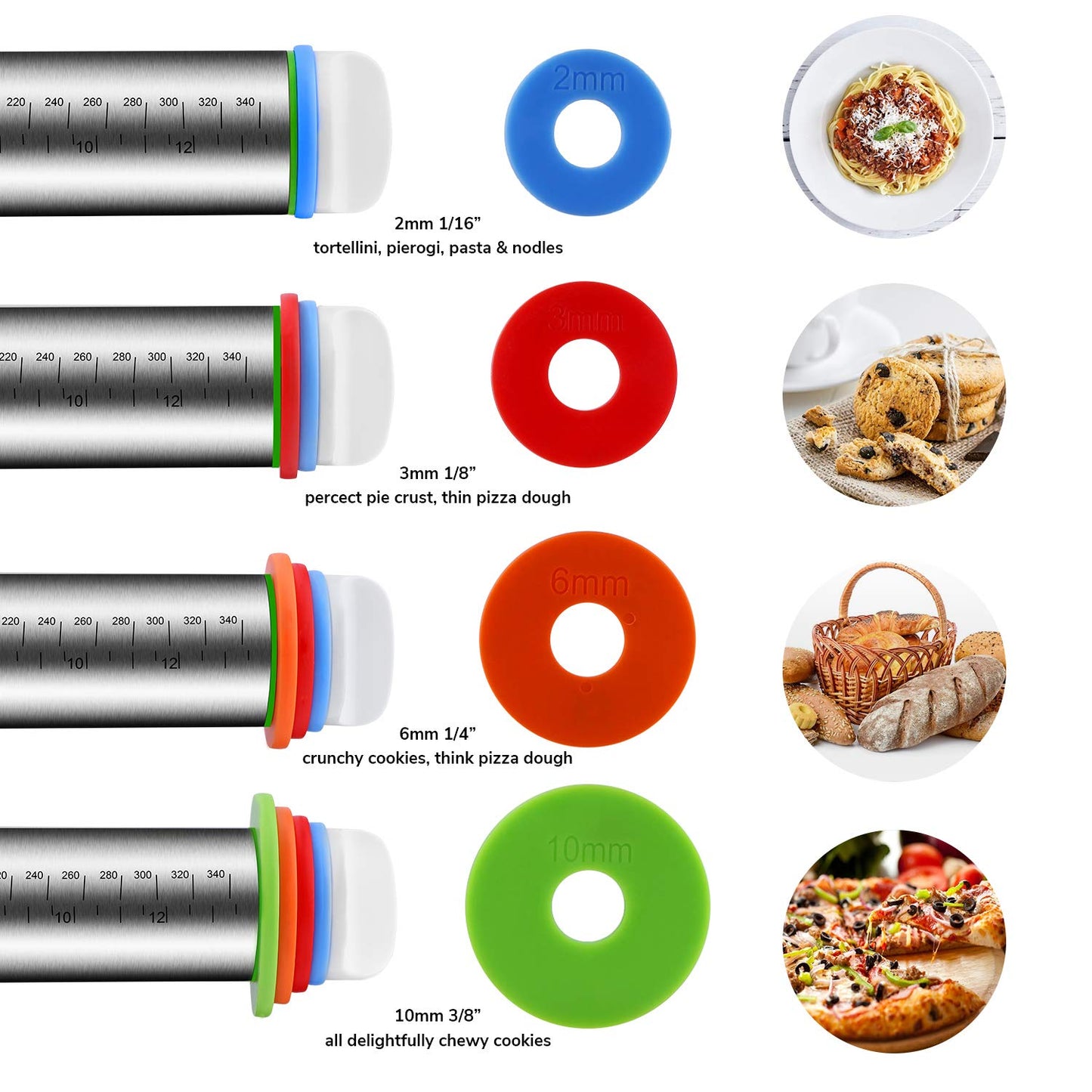 Rolling Pin and Pastry Baking Mat Set, Rolling Pins with Adjustable Thickness Rings, Stainless Steel Dough Roller for Baking Fondant, Pizza, Pie, Pastry, Pasta, Cookies (Black Mat)