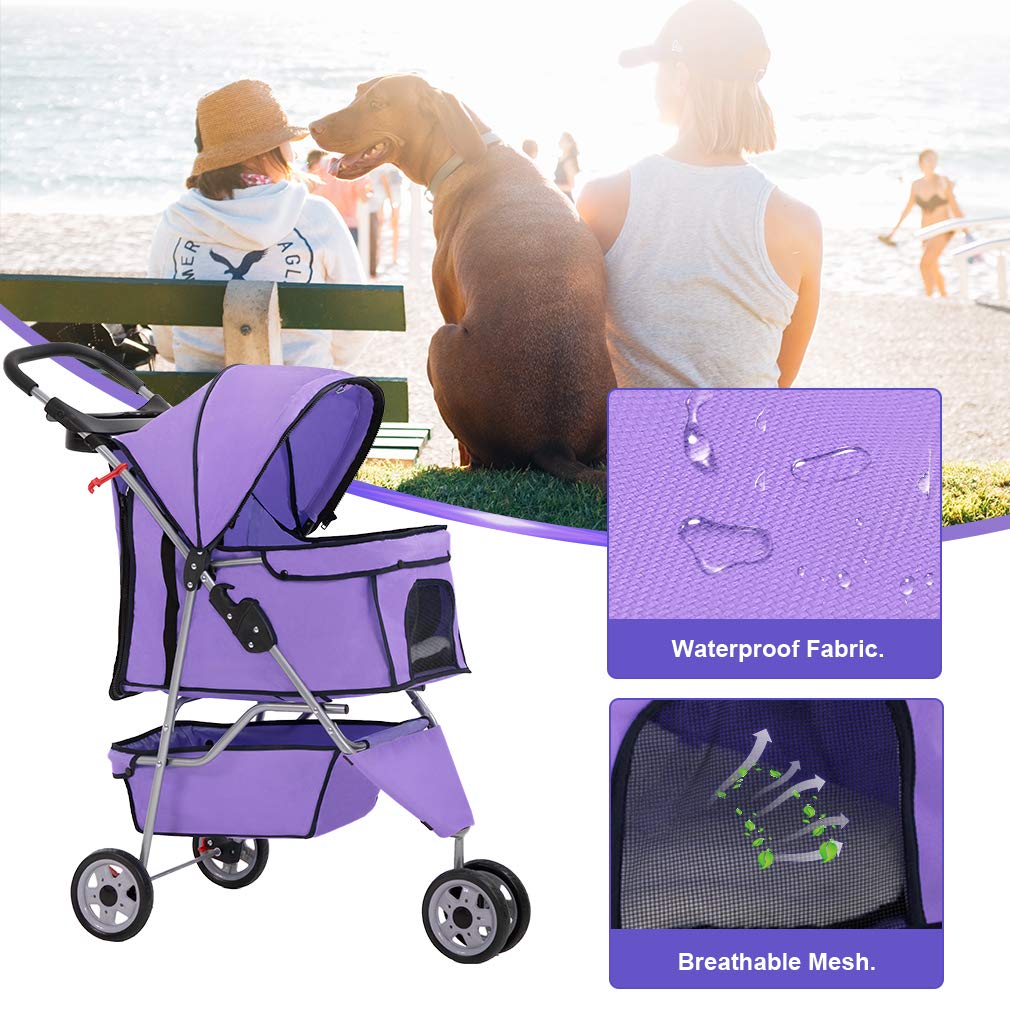 BestPet 3 Wheels Pet Stroller Dog Cat Cage Jogger Stroller for Medium Small Dogs Cats Folding Travel Carrier with Cup Holder, Waterproof Design & Removable Liner, Purple