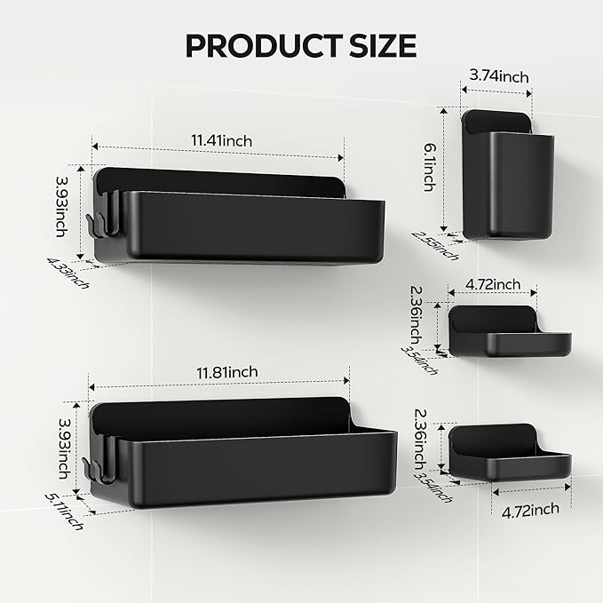 Nieifi Adhesive Wall Shelf, Shower Shelves 5 Pack with Soap Holder, Shower Organizer for Bathroom Organization, Black