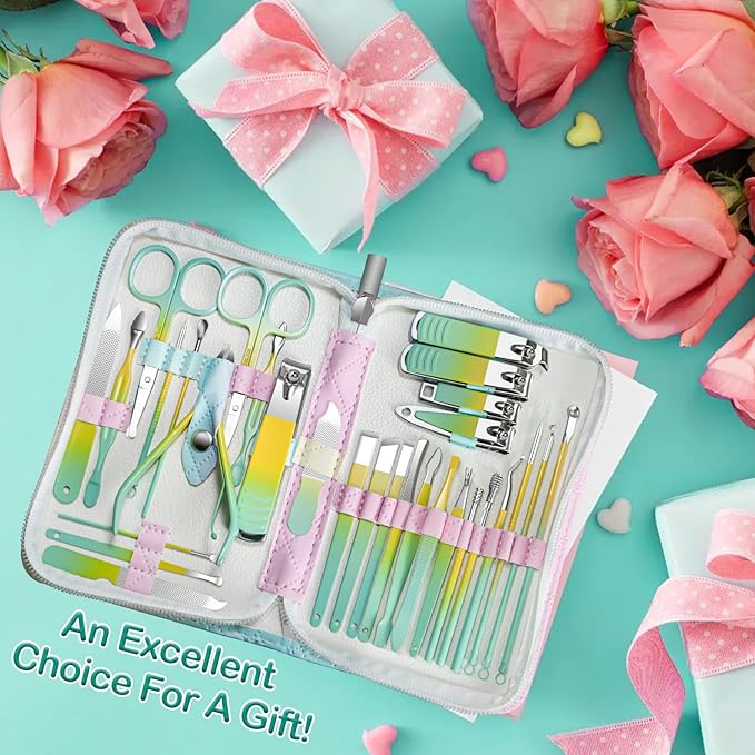 Manicure Set 30 in 1 Nail Clippers Set,Nail Manicure Kit for Women,RedFlow Toenail Clippers,Pedicure Kit,Pedicure Tools,Suitable for Travel Manicure Tools,Toe Nail Kit,Nail Care Kit(Yellow Green)
