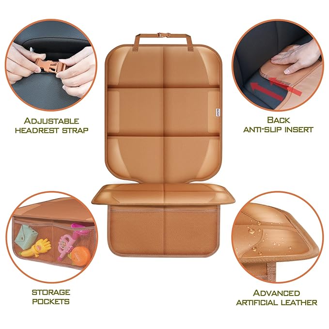 Meolsaek Car Seat Protector for Child Car Seat, Durable 600D Fabric Waterproof Car Seat Cover with Thick Pad Non-Slip Backing，No Imprints (Tan-2 pcs)
