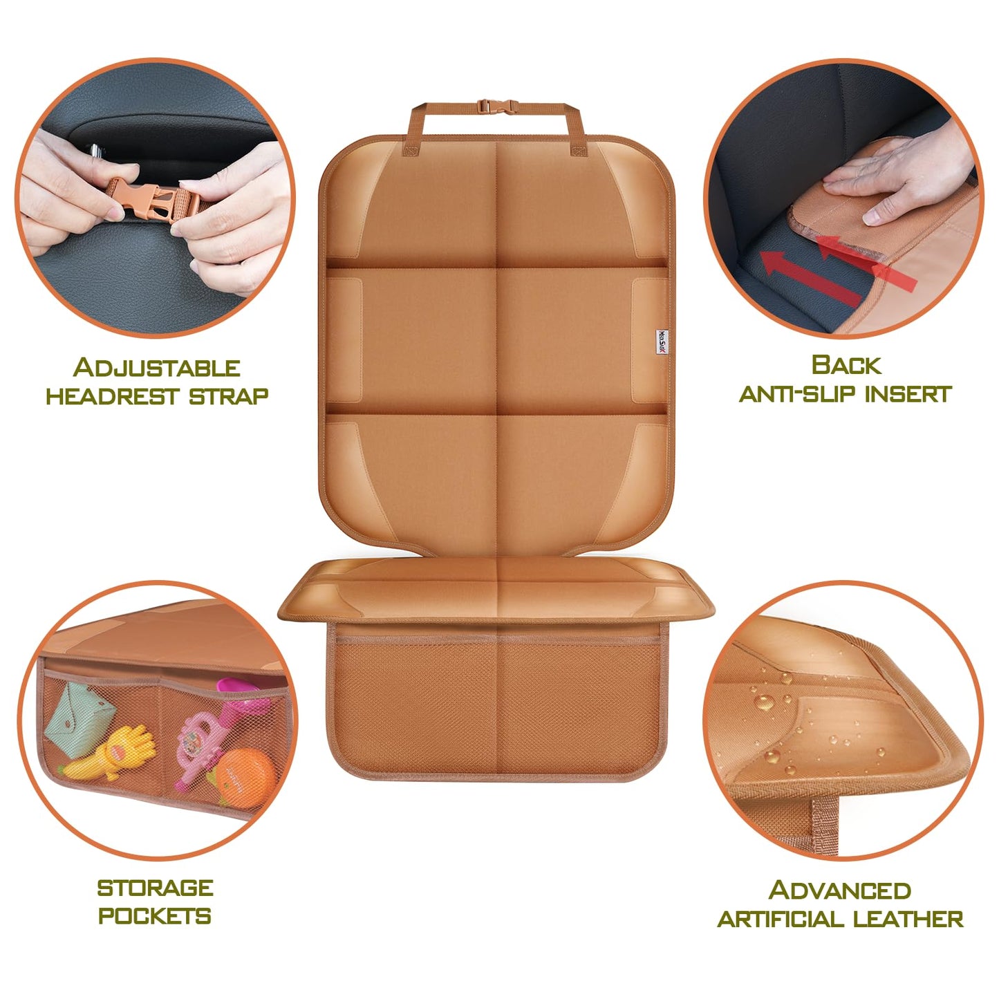 Meolsaek Car Seat Protector for Child Car Seat, Durable 600D Fabric Waterproof Car Seat Cover with Thick Pad Non-Slip Backing，No Imprints (Tan-1 pc)