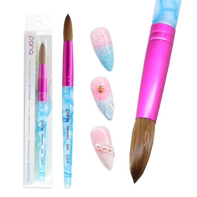 PANA Pure Kolinsky Hair Acrylic Nail Brush - Round Shape Pink Ferrule with White Swirl Blue Handle (Size 20)