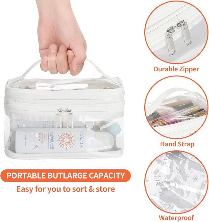 HAOGUAGUA Double Layer Clear Cosmetic Bag Makeup Bag, Waterproof Travel Toiletry Bag, Transparent PVC Pouch Organizer (White)