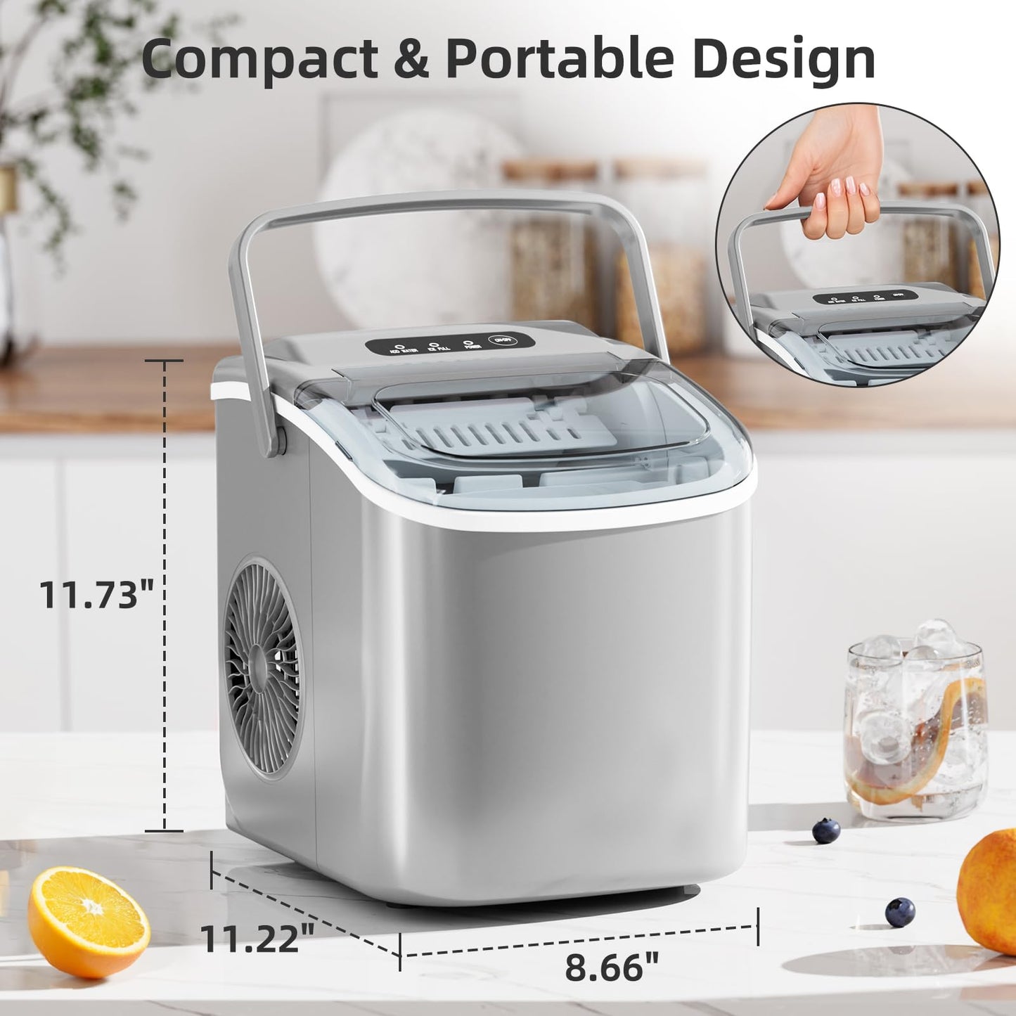 Antarctic Star Ice Maker Countertop, Portable Ice Machine with Carry Handle, 26Lbs Per Day, 9 Cubes Ready in 6 Mins, Self-Cleaning Ice Makers with Ice Scoop and Basket for Kitchen/Office/Party (Grey)