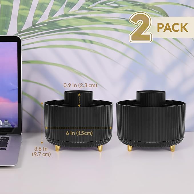 SKYDUE 2 Pack Pen Holder, 360 Degree Rotating Pencil Holder for Desk Organizer, Rotating Desktop Pen Organizer with 5 Slots, Office Supplies, Pencil Cup for Office, School, Home