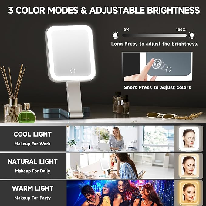 Mocado Travel Makeup Mirror with Lights,20X/1X Magnifying Mirror with Light, Double Sided Travel Mirror with 3 Color Light,Dimmable Touch, Lighted Makeup Mirror for Tabletop, Handheld, Hanging(Blue)