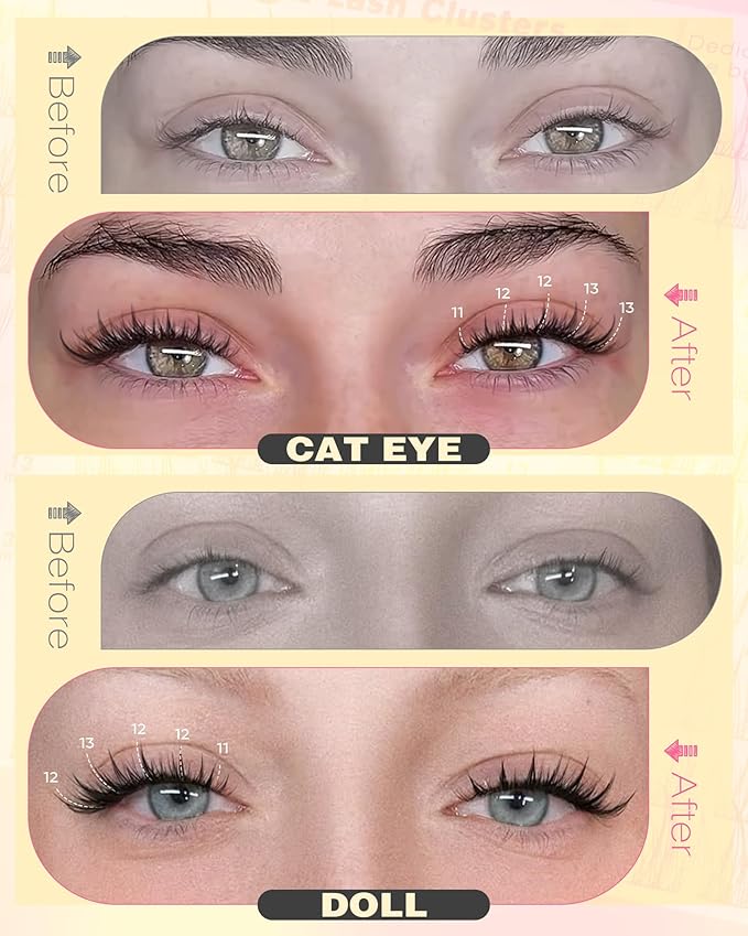 Natural Lash Clusters Kit Wispy Eyelash Clusters Fairy Cluster Eyelash Extensions Kit C Curl Lash Extension Kit Waterproof Individual Lashes (With Tweezers)