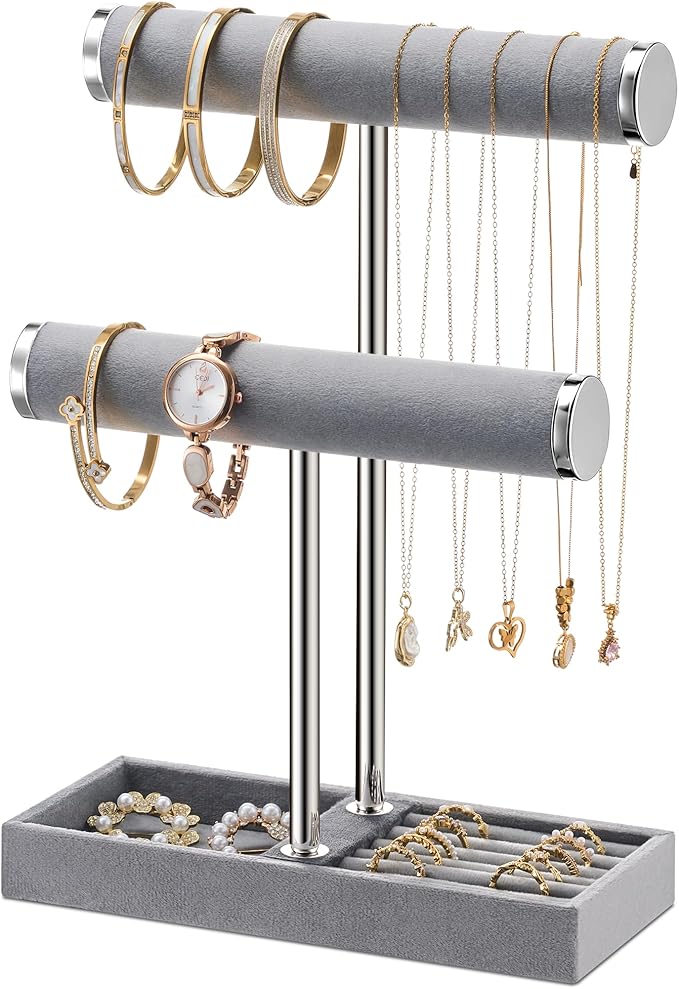 2 Tier Bracelet Holder Display - Detachable T Bar Grey Velvet Bracelet Holder, Jewelry Holder Organizer for Bracelet, Necklace, Earrings, Rings