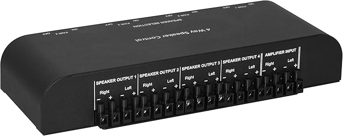 Xtrempro 61051 2 or 4 Way Speaker Switch, 1 in 2 Out or 1 in 4 Out Way Pair Stereo Speaker Selector W/Screw Type Connections Metal Non-Slip Box - Black (1 x 4 Way)