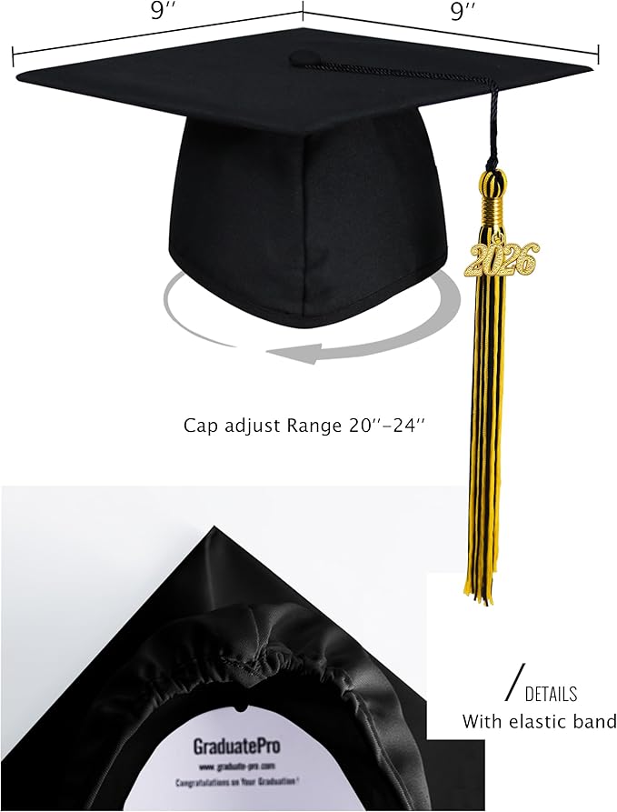 GraduatePro Matte Graduation Cap with 2026 Tassel for Adults High School and Bachelor Master 12 Colors