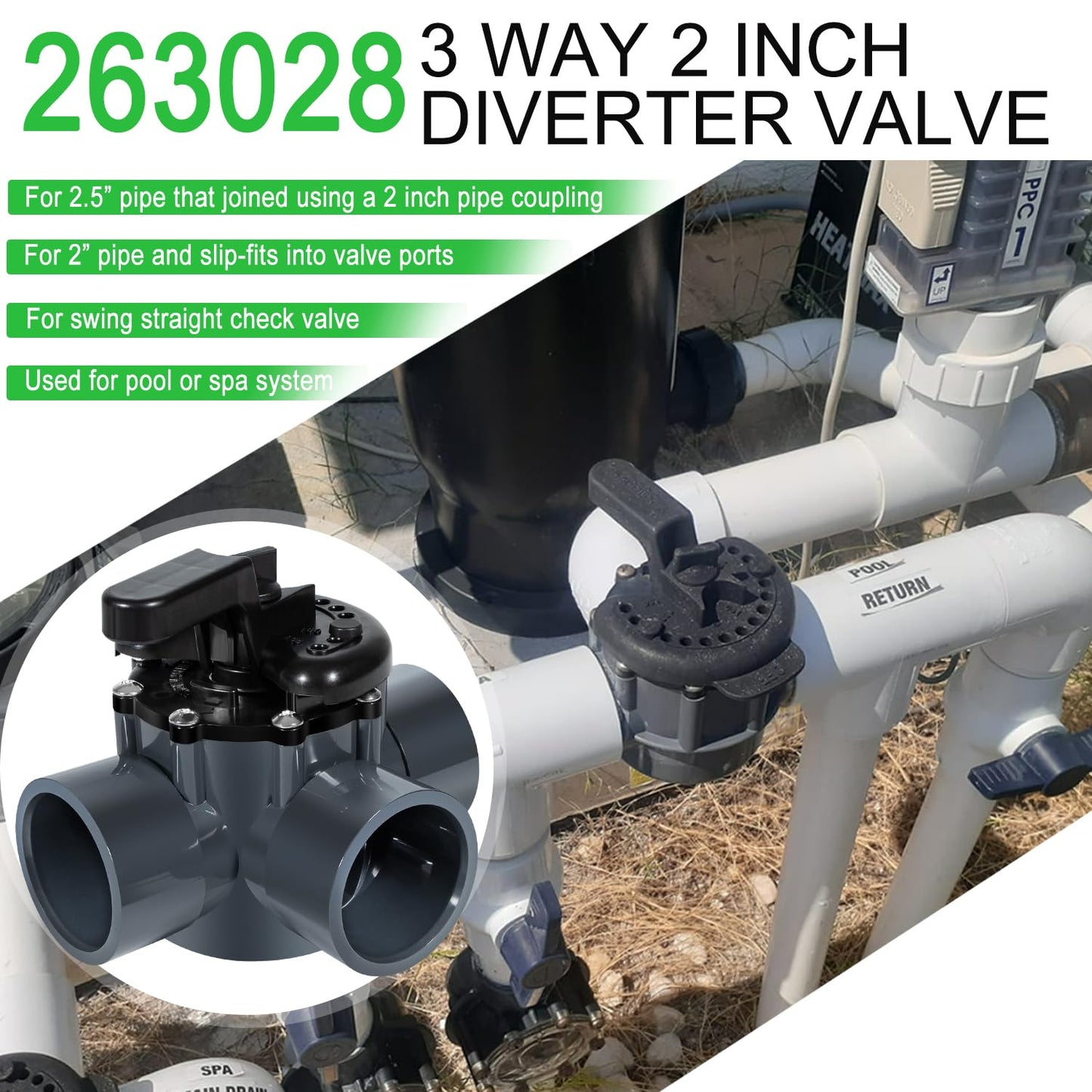 Ussuray 3 Way Pool Valve 2 Inch, Positive Non-Lube Diverter Valve Replacement for 263028 Valve, Used for Pools and Spas, Works with Heaters, Chemical Dispensers, and Salt Generators