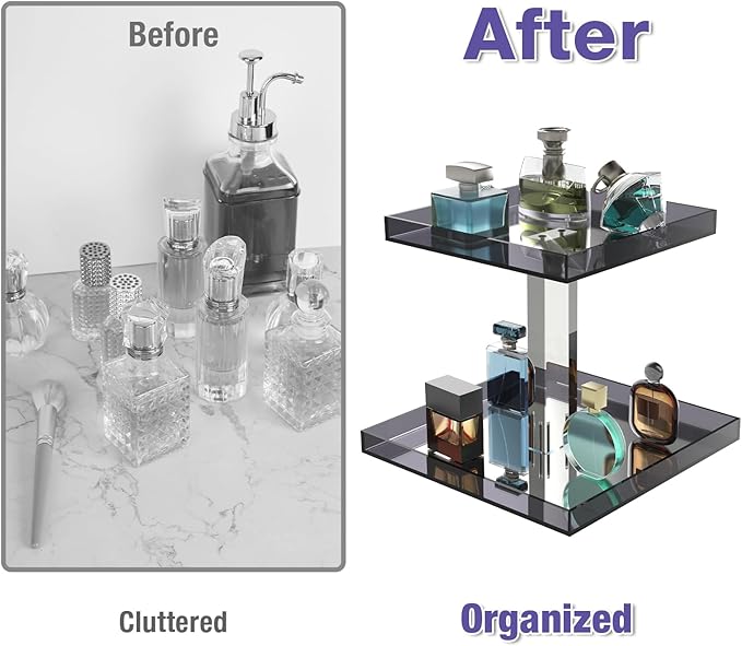 NiHome Acrylic Perfume Display Organizer, 2-Tier Cologne Organizer, Makeup Holder with Mirrored Base, Handmade Vanity Storage Versatile Countertop Tray for Cosmetics Toiletries, Gray