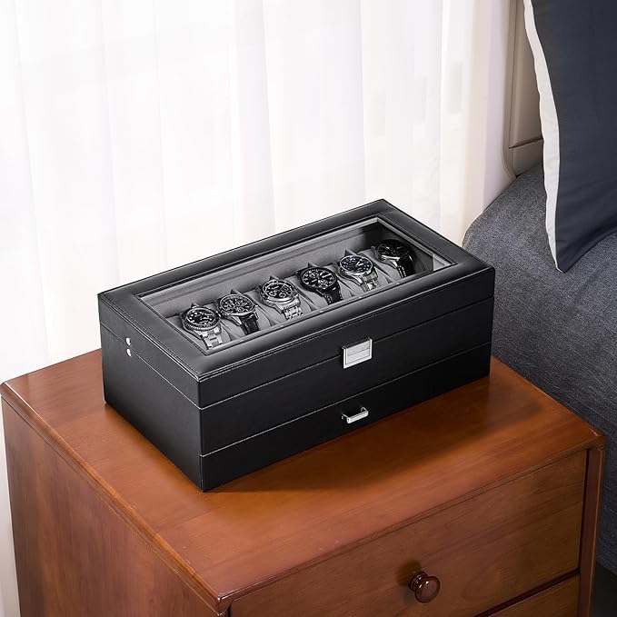 ProCase Watch Box, 14 Slot Mens Watch Case With Drawer, 2-Layer Watch Display Case With Glass Lid, Mens Jewelry Box Storage Holder Organizer, Birthday Valentine Gifts for Men -14Slot, Black