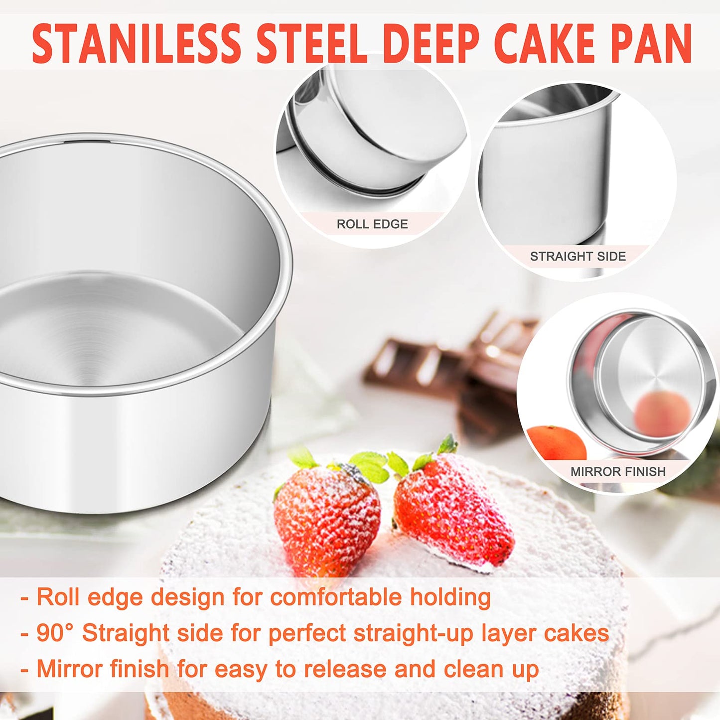 E-far Cake Pans Set of 3, 6 x 3 Inch Stainless Steel Round Cake Baking Pans Tins for Wedding Birthday, Deep Side & Non-toxic, Oven & Dishwasher Safe, Mirror Finish & Straight Side