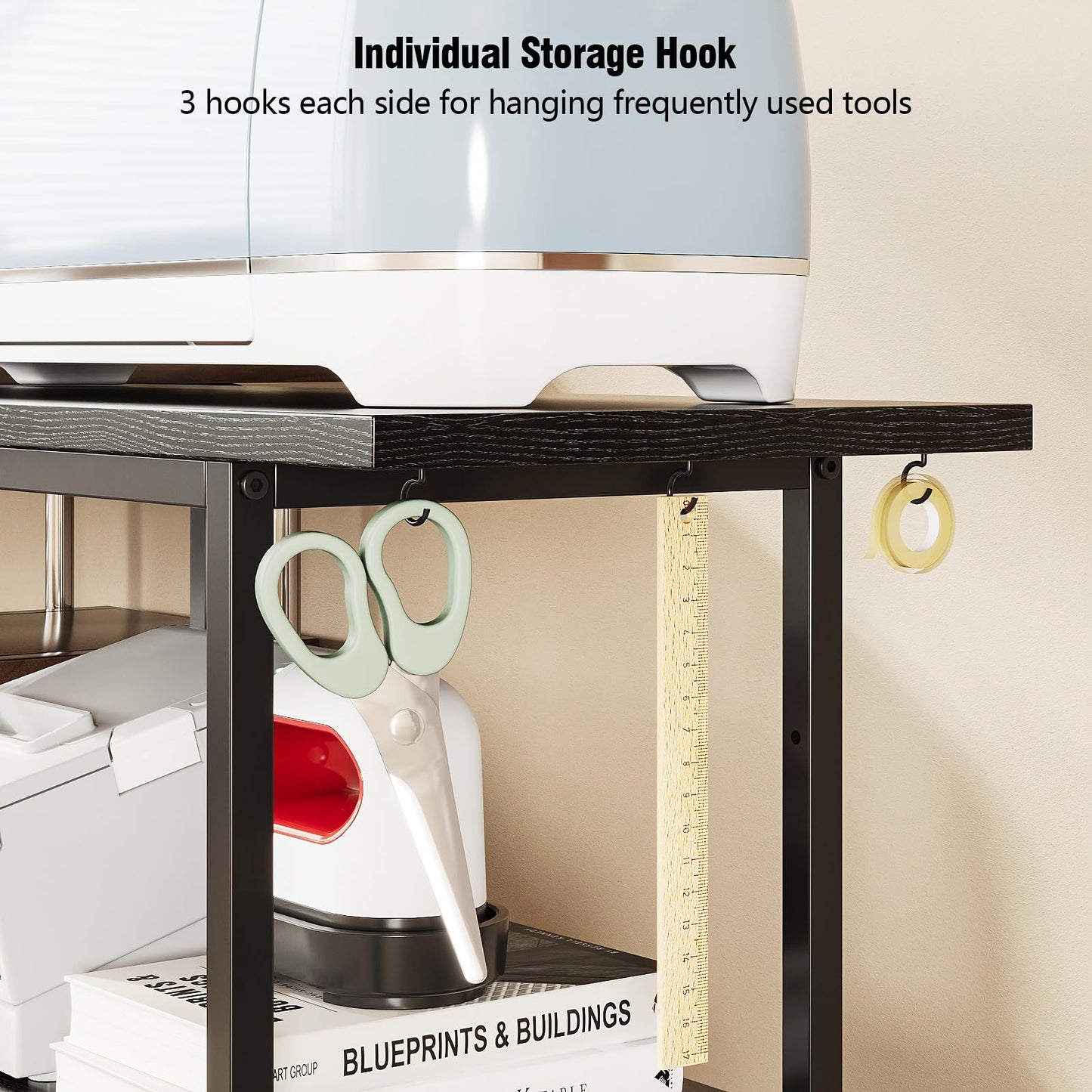 VENNQD Organizer and Storage Stand Compatible with Cricut Machines,Rolling Storage Cart/Shelf with 24 Vinyl Roll Holders，2 Fabric Drawer,Accessories Holder,Tool Hook for Craft Room Home (Black)