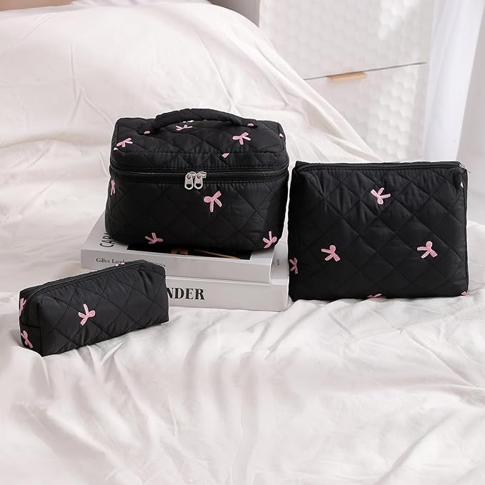 uekeboag Large Travel Quilted Makeup Bag for Women, Floral Cotton Cosmetic Bag, Coquette Aesthetic Floral Toiletry Organizer Bag