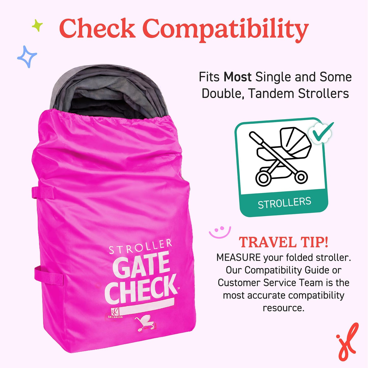 J.L. Childress Gate Check Bag for Single & Some Double Strollers - Travel Bag for Airplane, Fits Most Standard Baby Strollers, Airport Accessories Gate Check, Flying Essentials - Neon Pink
