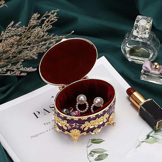 Hipiwe Vintage Oval Jewelry Storage Box Metal Trinket Organizer Purple Treasure Chest Box for Earring Necklace Ring Holder Gift for Women