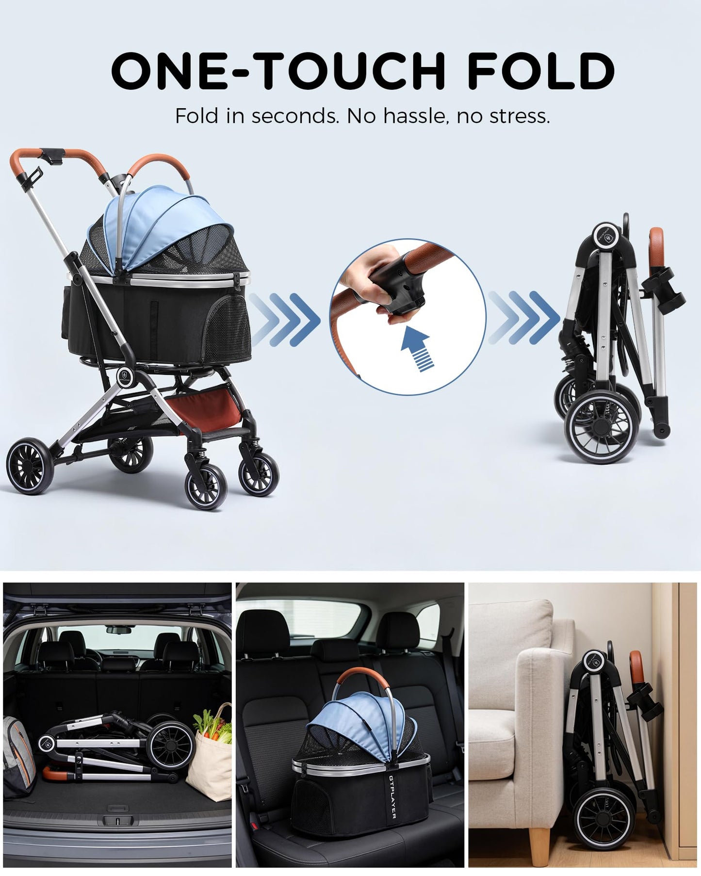 GTPLAYER Pet Stroller for Small Dogs and Cats, One-Click Foldable, Detachable Carrier, Breathable Mesh, 45 lbs Capacity, 2 Safety Leashes, Storage Basket & Cup Holder, Light Blue