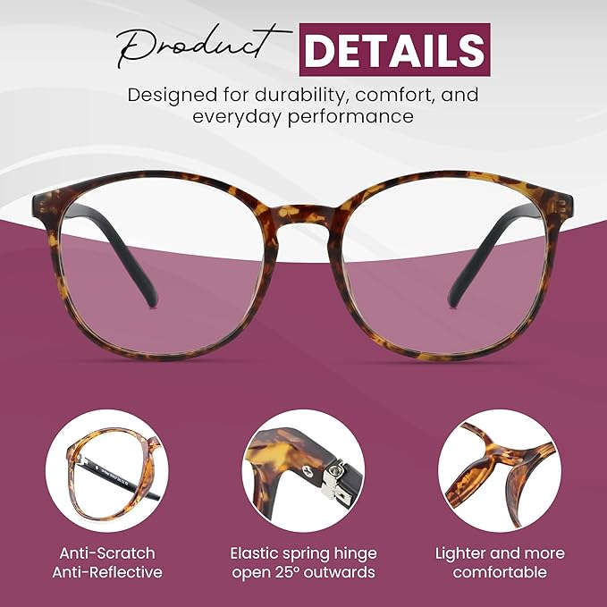 LifeArt Round Blue Light Blocking Glasses, Computer Glasses, Gaming Glasses, TV Glasses for Women Men (Tortoise, No Magnification)