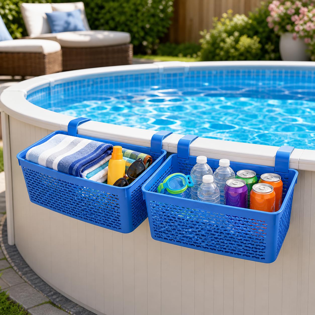 Papapacks 2 Packs XL Poolside Storage Basket for Above Ground Pools – 15.6" L x 12.1" W x 6.1" H - Swimming Pool Organizer Patio Accessories – Made in Europe – (Blue)