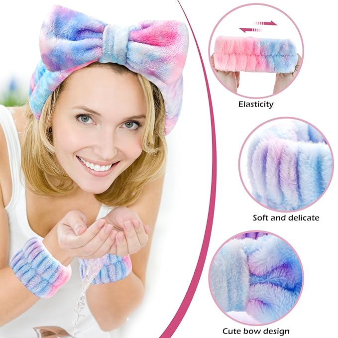 3PCS Spa Headband and Wristbands Set for Women, Soft Microfiber Face Wash Headband with Cute Bow, Elastic Absorbent Wrist Towels, Makeup Skincare Accessories for Facial, Shower, Yoga