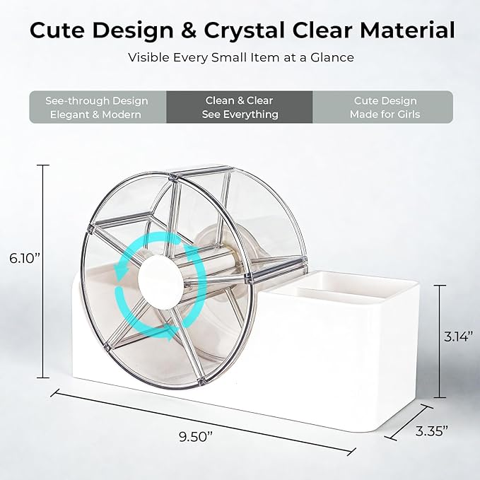 Hair Accessories Organizer for Girls, 2-Slot Hair Brush Holder & 5-Section Rotating Wheel, Cute Makeup Brush Holder for Hair Tile, Clip, Makeup Brush, Earring, Ring, Kids Vanity Accessories (White)