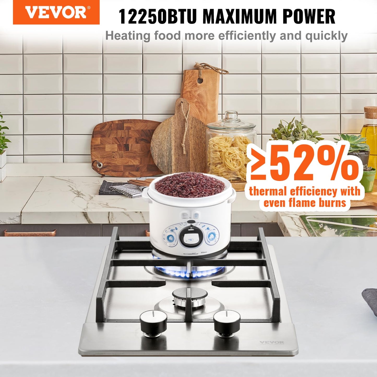 VEVOR Gas Cooktop 12 inch, Max 12250BTU 2 Burners Built-in Stainless Steel Gas Stove Top, LPG/NG Convertible Dual Fuel Natural Gas Hob with Thermocouple Protection for Outdoor, Kitchen, Camping, RV