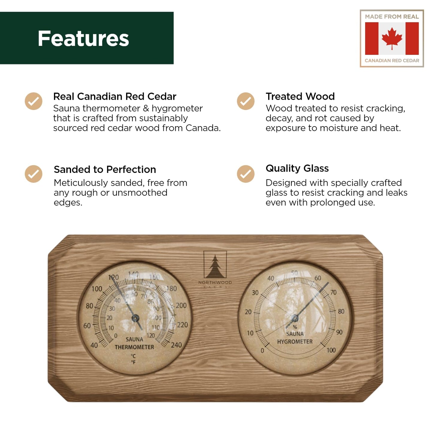 Northwood Sauna - Sauna Thermometer and Hygrometer 2 in 1 - Fahrenheit & Celsius - Handmade from Canadian Red Cedar Wood - Luxurious Golden Metal Dials
