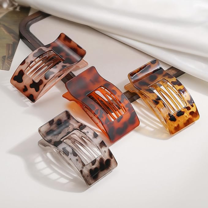 4 Pack Large Flat Hair Clips for Women, Rectangle Non-slip Lay Down Claw Clips, French Strong Hold No Crease Barrettes for Thick & Thin Hair, Stylish Square Hair Accessories(Tortoise)