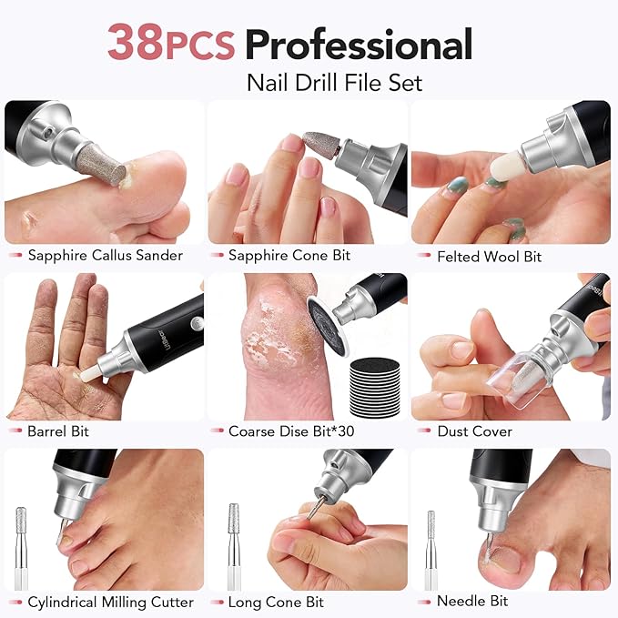 Litbear Electric Nail Drill File for Hand Feet Care, 15 Speed Professional Nail Grinder for Thick Toenails, Cordless Pedicure Manicure Set for Women Men Senior, Home Salon Use (Black)