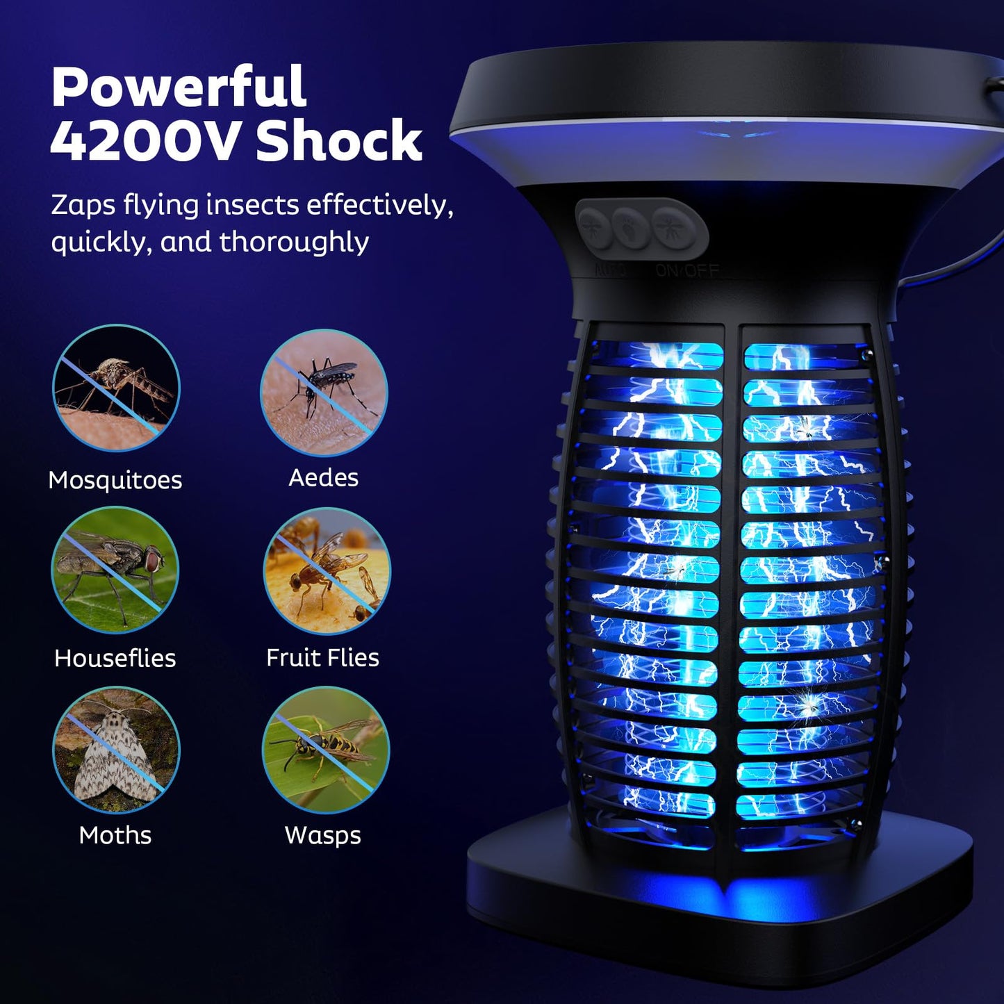 OnBeam Solar Bug Zapper Outdoor, Mosquito Zapper Outdoor Waterproof Electric Rechargeable Fly Zapper with Solar Panel, 4200V Fly Trap Indoor for Home Backyard, Patio, Garden, Camping