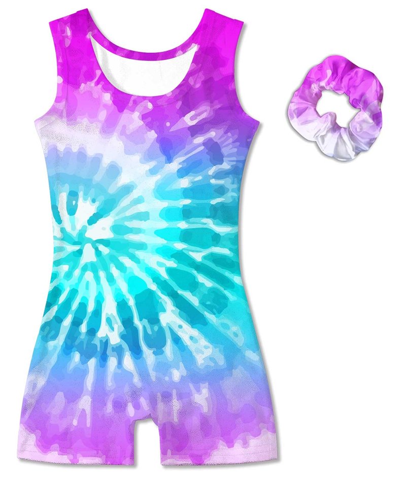 Vogseek Sparkly Gymnastics Leotards for Girls 5 6 Years Cute Psychedelic Tie Dye Shiny Ballet Dance Unitards Biketards with Hair Scrunchie Kids Tumbling Shorts Activewear Clothes
