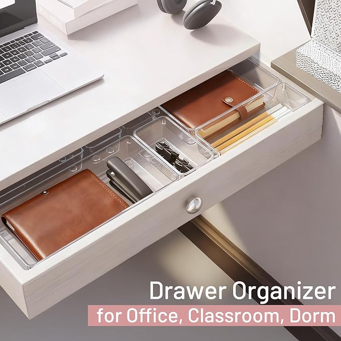 10 Pack Large Drawer Organizer Bins - Clear Plastic Bathroom Drawer Organizer Trays - Heavy Duty Kitchen Drawer Dividers for Utensils - Non-Slip Storage Bins for Makeup, Bedroom, Office Desk