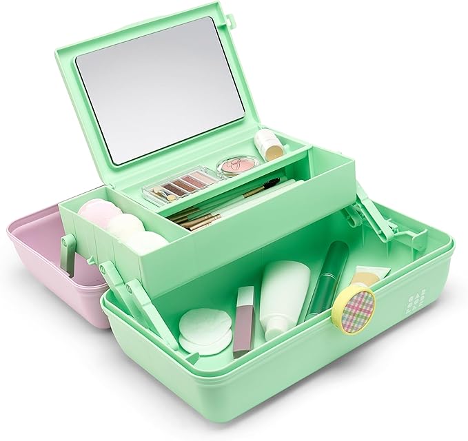 Caboodles On-The-Go Girl Makeup Storage Box 2-Pack, Two-Tone Pink/Light Blue and Lavender/Light Green, Hard Plastic Makeup Organizer Box, Built-In Mirror, Secure Latch for Safe Travel