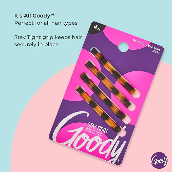 Goody Stay Tight Hair Barrettes, 4 Ct, Mock Tort, SlideProof Flat Clips, Comfortable & Versatile Styling Accessories for Women, Men, Boys & Girls, Clips for All Hair Types