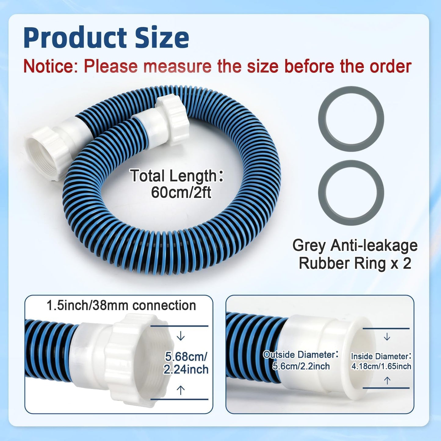 Conderyang 24inch 1 1/2" Pool Sand Filter Pump Hose For Above Ground Pool 2ft 1.5 Inch Eva Pool Sand Pump Replacement Hose For Saltwater Systems And Sand Filters (Blue)