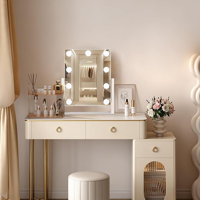 Hollywood Vanity Mirror with Lights, 9 Dimmable Bulbs, 3 Color Lights,Make Up Lighted Mirror, 10x Magnification 360°Rotation (12" x 14") White