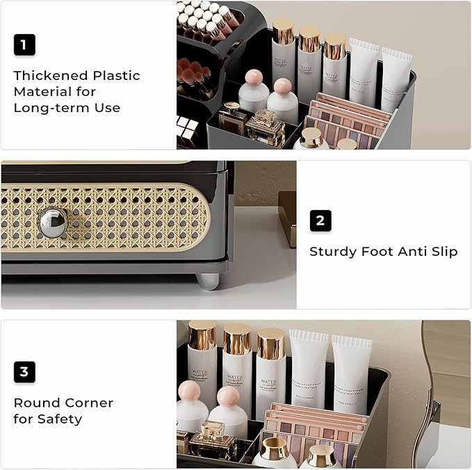 Makeup Organizer for Vanity with Brush Holder, Countertop Skincare Organizer with 2 Drawers, Spacious Cosmetic Display Case for Perfumes, Eyeshadow Palettes, Nail Polishes, Black