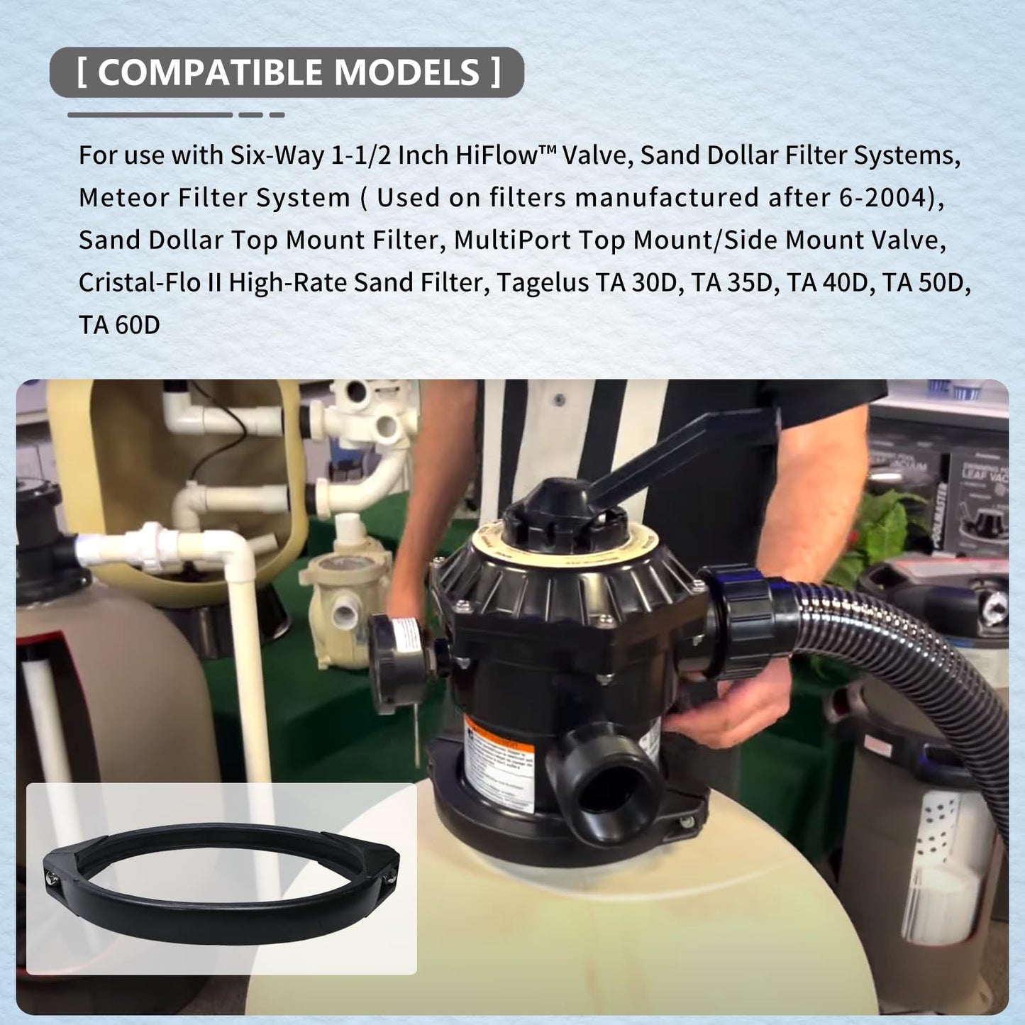 152165 & 1521656, 6-1/2-Inch Sand Filter Valve Clamp Assembly(with Screw and Nut Compatible with Pentair，for Six-Way 1-1/2 Inch HiFlow Valve; Sand Dollar(R) Filter Systems; Meteor Filter System
