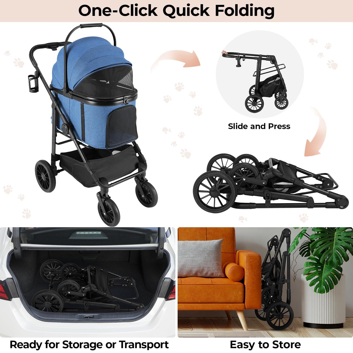 MAMIZO Pet Stroller for Medium Dogs Cats Up to 44 lbs, All-Terrain 3-in-1 Dog Stroller with Detachable Carrier, Rubber Wheels, One-Click Folding, Storage Basket & Cup Holder, for Senior Dogs & Cats