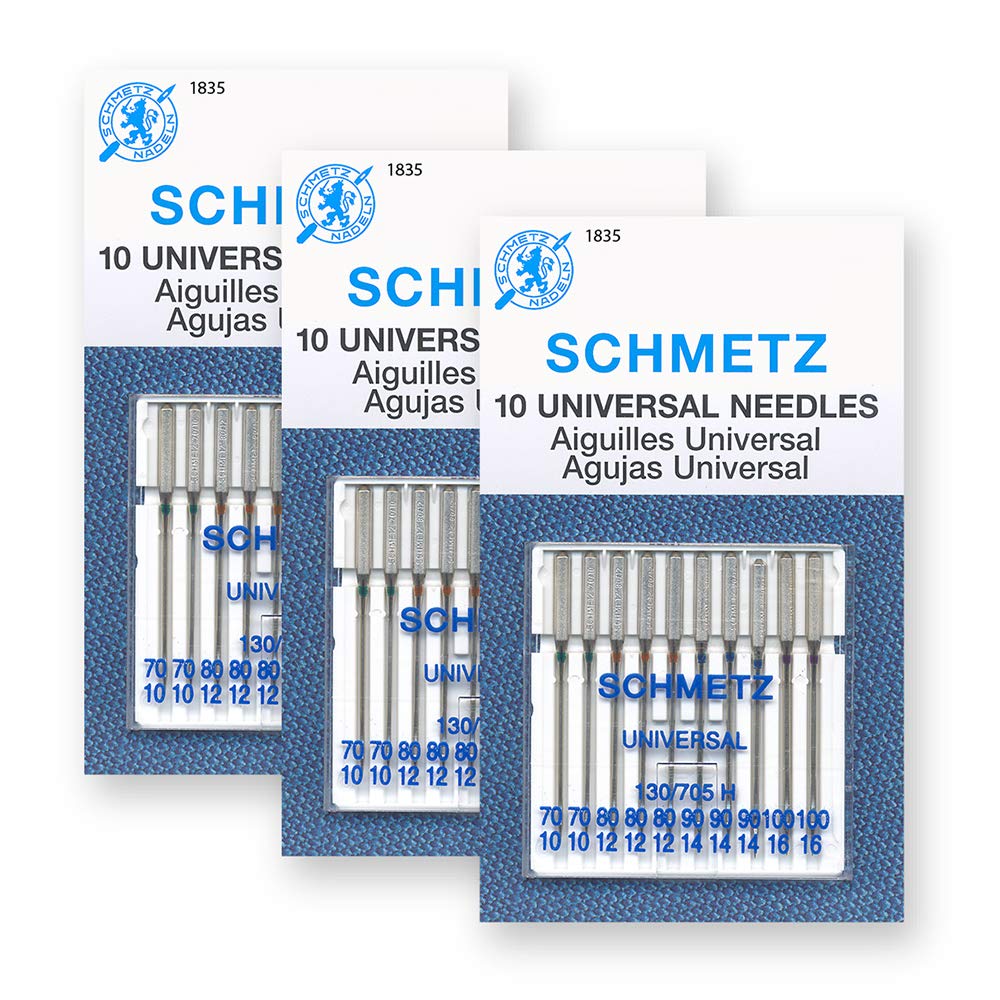 SCHMETZ Universal Sewing Machine Needles, Three 10-Pack Assortment, 30 Needles, 70/10, 80/12, 90/14, 100/16